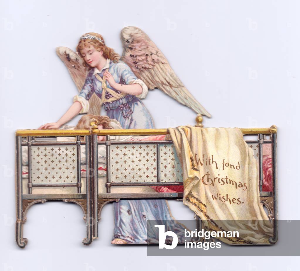 A Victoriandie cut three dimensional  Christmas card of an angel looking at a sleeping child, c.1880 (colour litho)