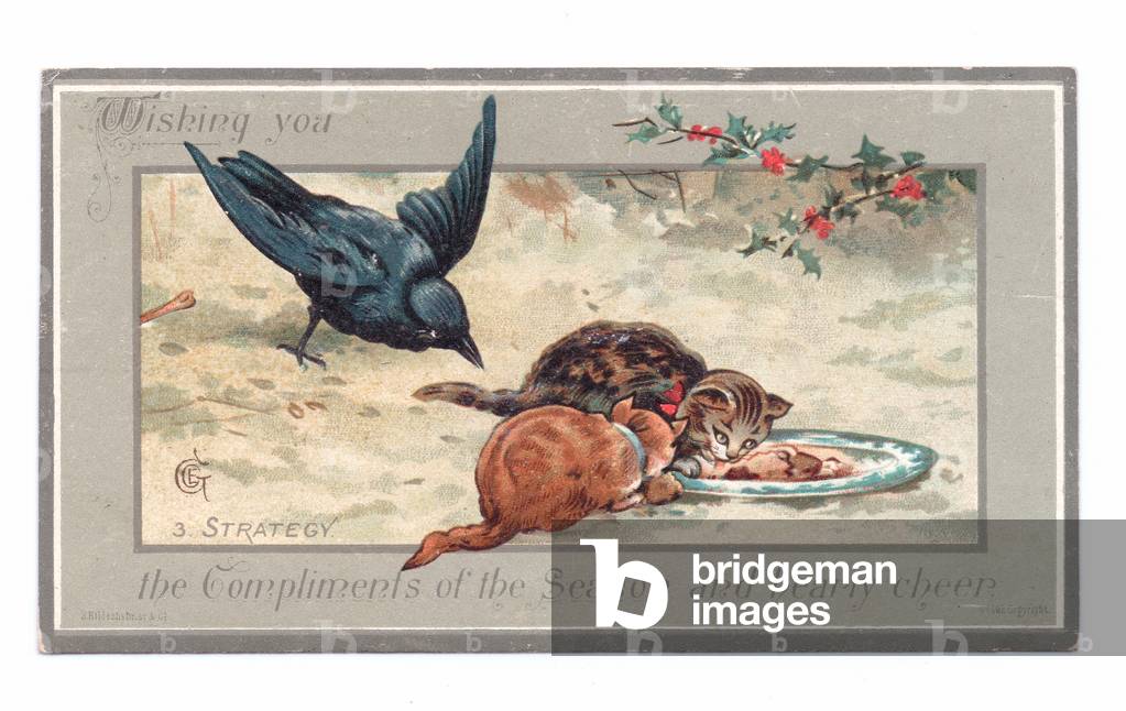 Victorian greeting card of a crow coming upon two cats eating from a plate, c.1880 (colour litho)	