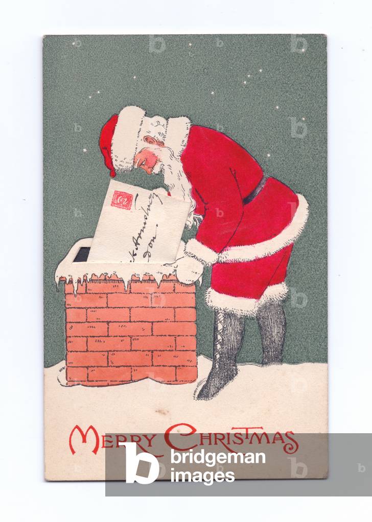 Edwardian Christmas postcard of Father Christmas pushing a large envelope down a chimney, c.1910 (colour litho)