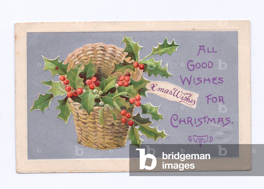 Edwardian Christmas postcard of holly in a basket, c.1910 (colour litho)