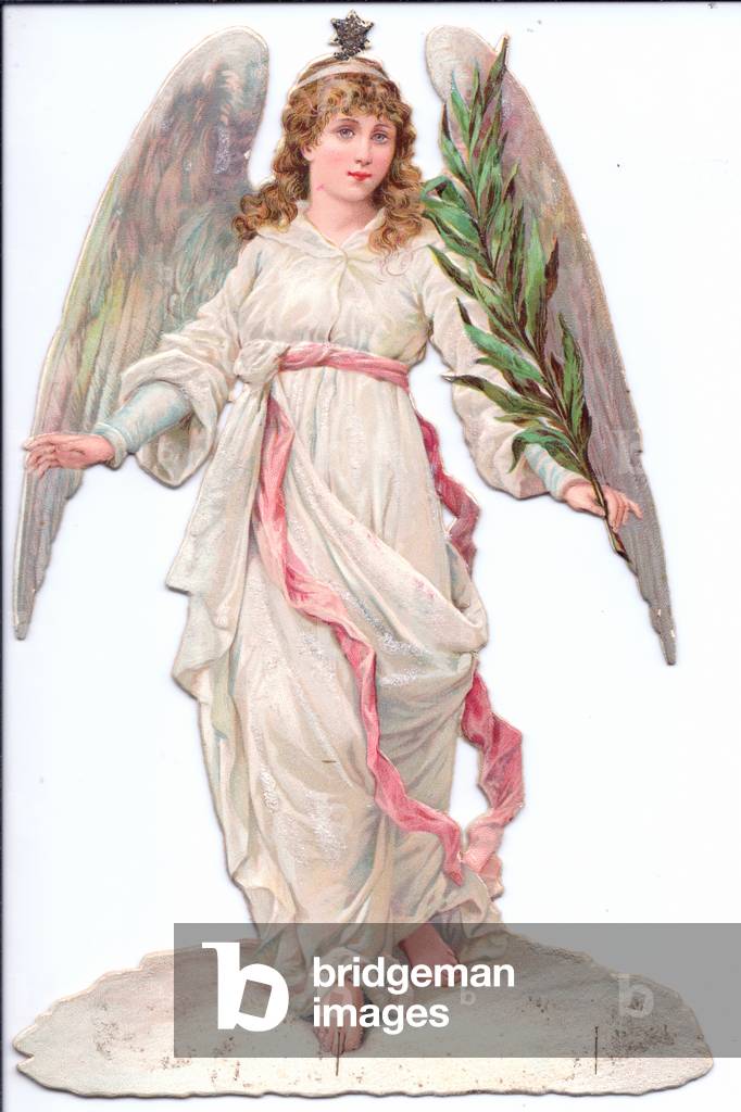 A Victorian Paper Scrap Relief of an angel holding a laurel branch, c.1880 (colour litho)
