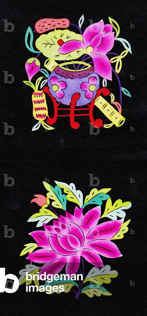 Chinese paper-cut of an iris in a bowl on a stand and a lotus flower, c.1960 (hand-coloured and hand-cut)
