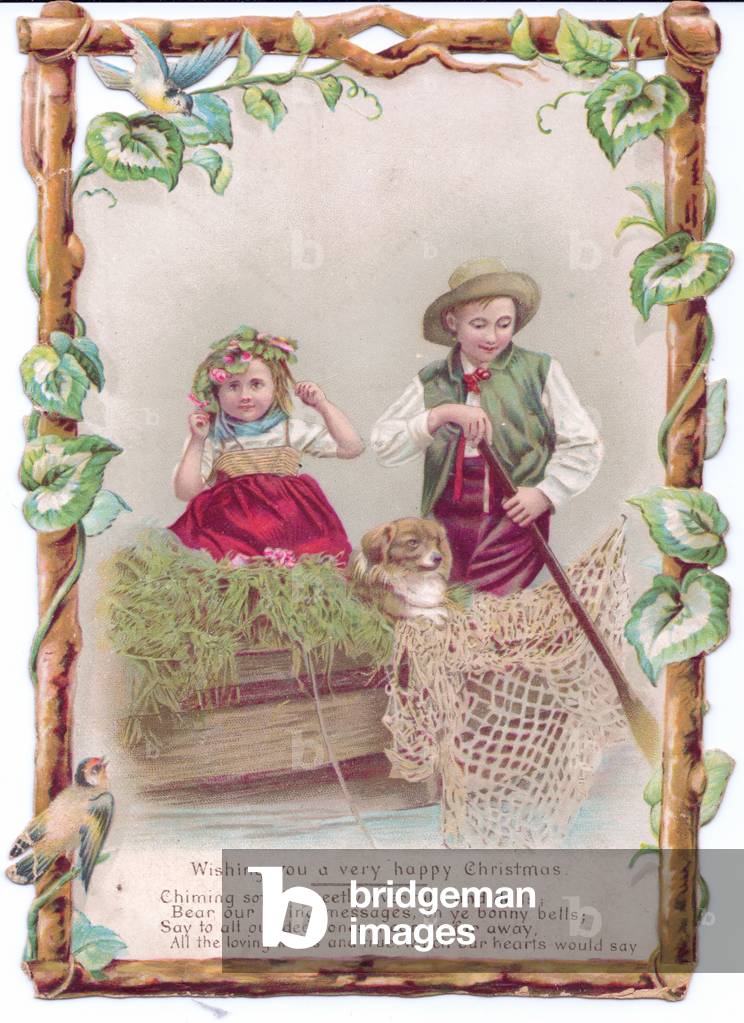 A Victorian shape-cut Christmas Card of a man and girl fishing from a boat with their dog, all enclosed in a frame made of wood branches with climbing ivy, circa 1880 (coloured lithograph)