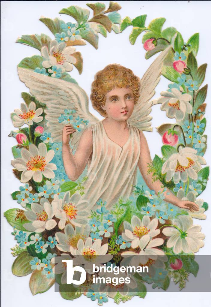 A Victorian Paper Scrap Relief of an angel in a circle of flowers, c.1880 (colour litho)