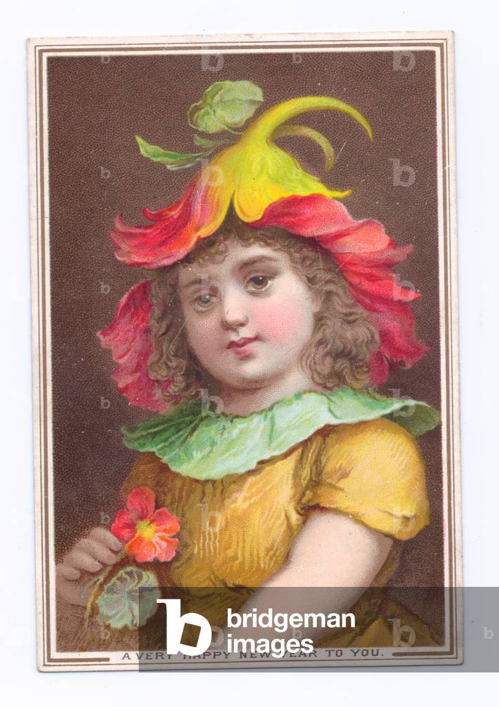 A Victorian New Year card of a girl dressed in a flower costume, c.1880 (colour litho)