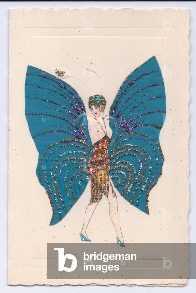 A greeting card of a flapper girl wearing a glittered topless costume holding up large glitter wings, c.1920 (colour litho)