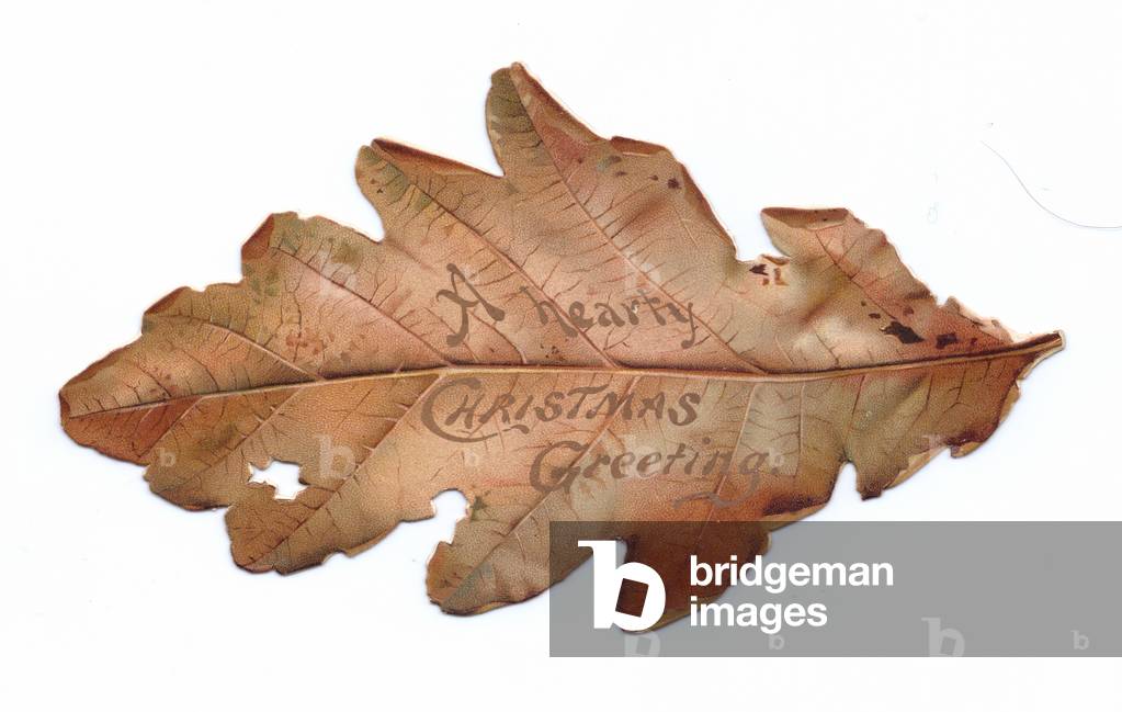 A Victorian die-cut shape Christmas card of an autumn leaf, c.1880 (colour litho)