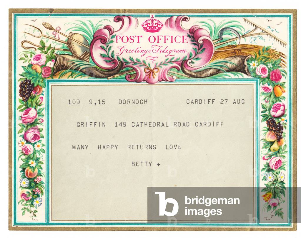 A birthday greetings telegram, c.1950 (colour litho)
