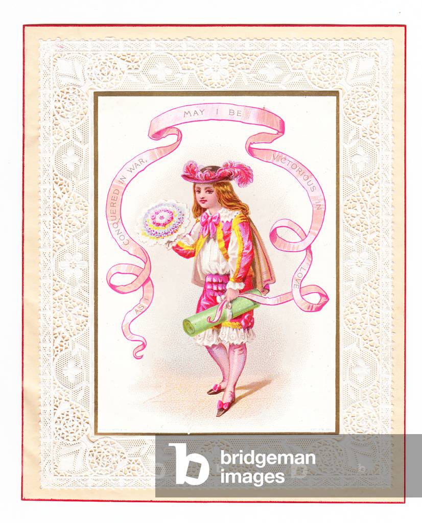 A Victorian paper lace Valentine card of a boy in Regency costume with a romantic message, c.1870 (colour litho)