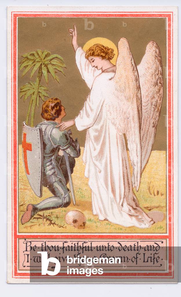 Victorian greeting card of an angel with her hand on a kneeling knight, c. 1880 (colour litho)