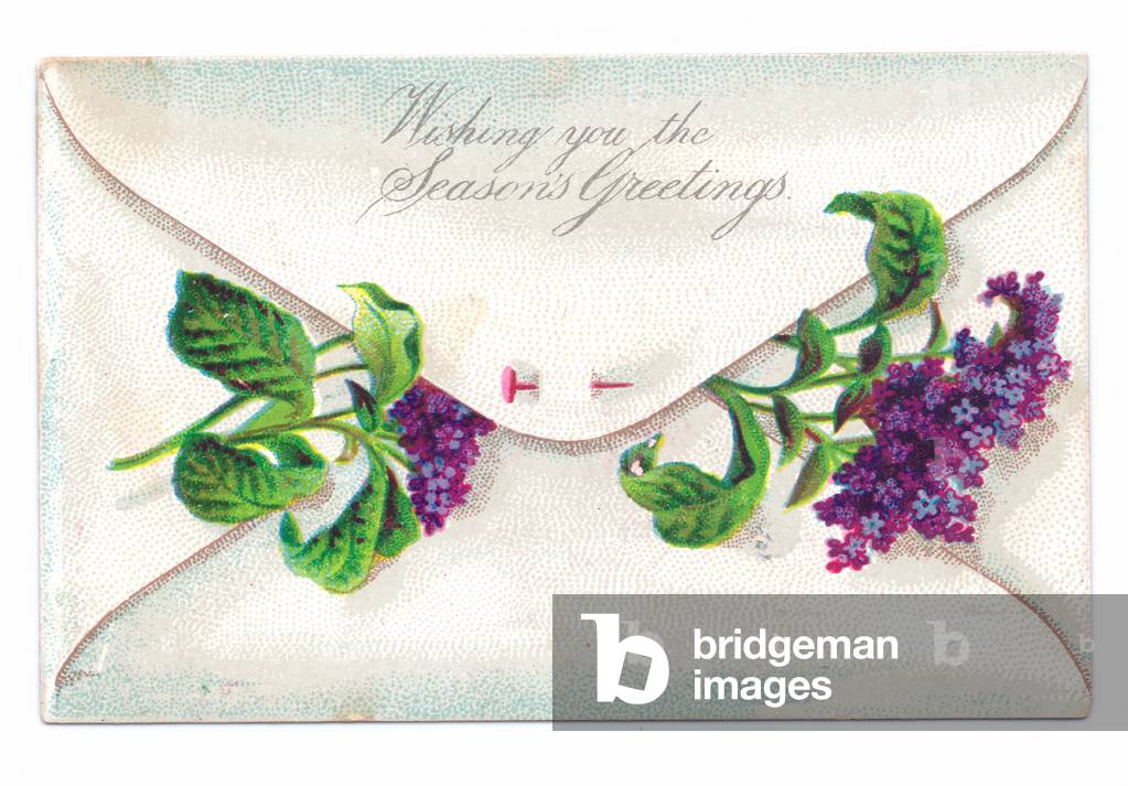 A Victorian greeting card of an envelope with flowers in it, c. 1880 (colour litho)