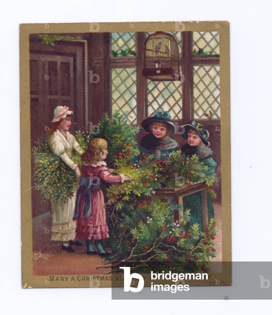 A Victorian Christmas card of a maid and child decorating a hall with holly and mistletoe, c.1880 (colour litho)