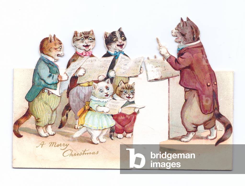 A Victorian die-cut shape Christmas card of cats wearing human clothes holding music sheets and singing, c.1880 (colour litho)