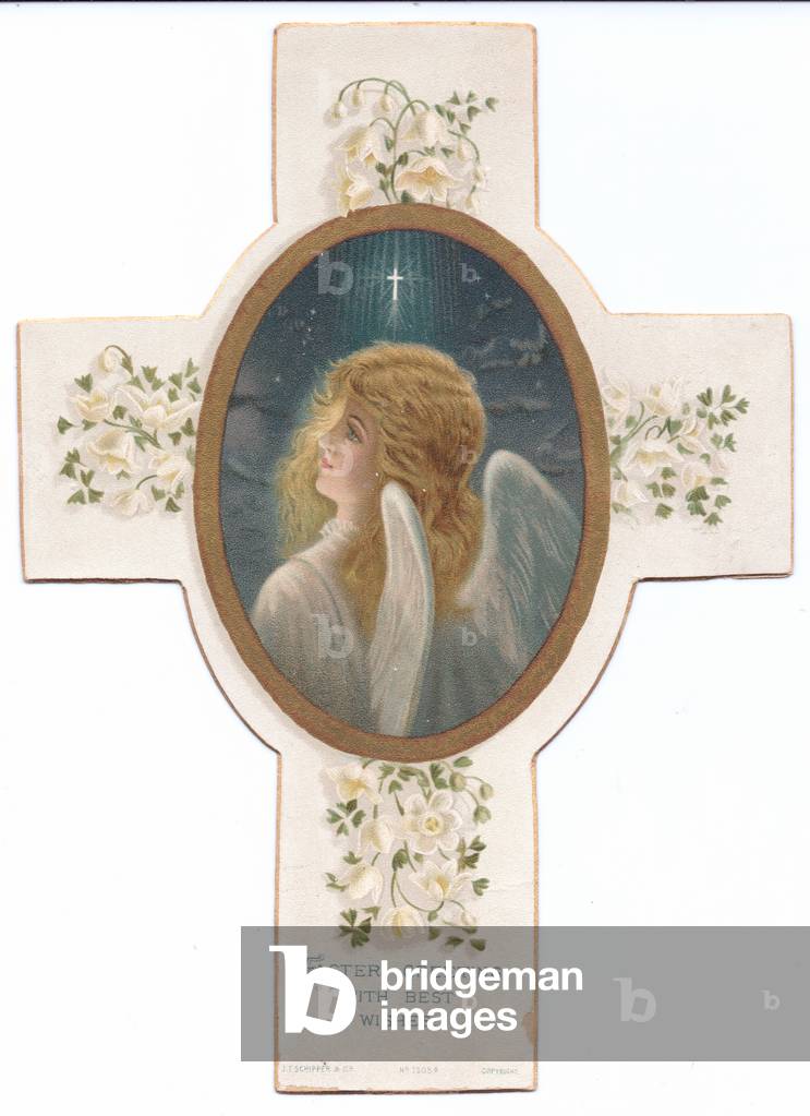 A Victorian religious Easter card of a die-cut cross with an image of an angel, c.1880 (colour litho)