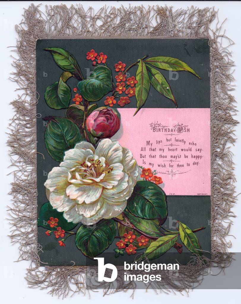 A Victorian Birthday Card with a spray of flowers, edged with a silk fringe, circa 1880 (coloured lithograph)