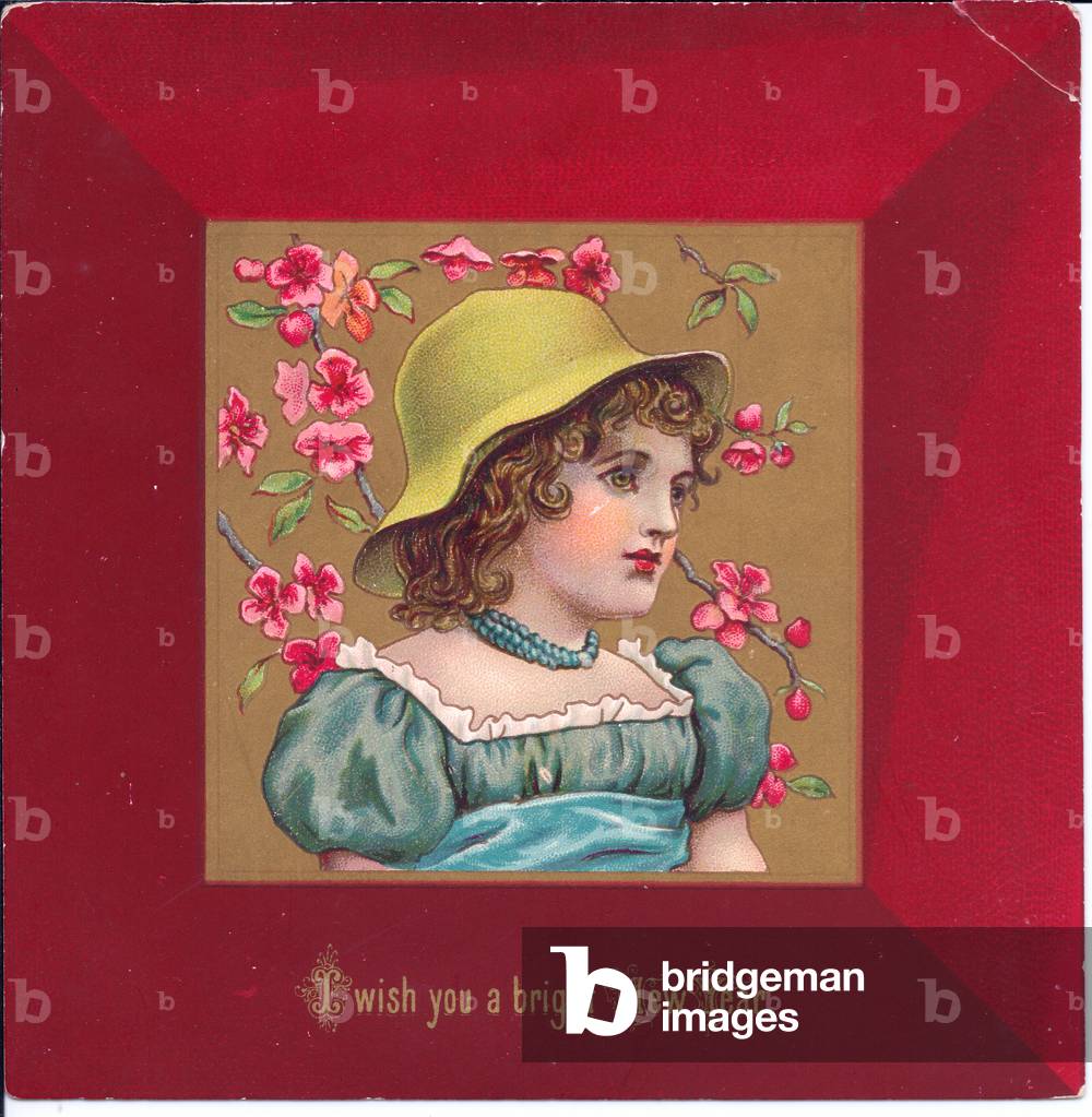 A Victorian Christmas card of a girl dressed in regency clothes holding a bouquet of flowers, c.1880 (colour litho)
