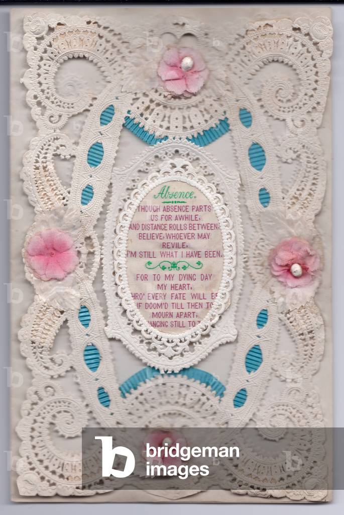 A Victorian embossed paper lace greeting card with a romantic verse embroidered on fabric in the center, c.1880 (colour litho)
