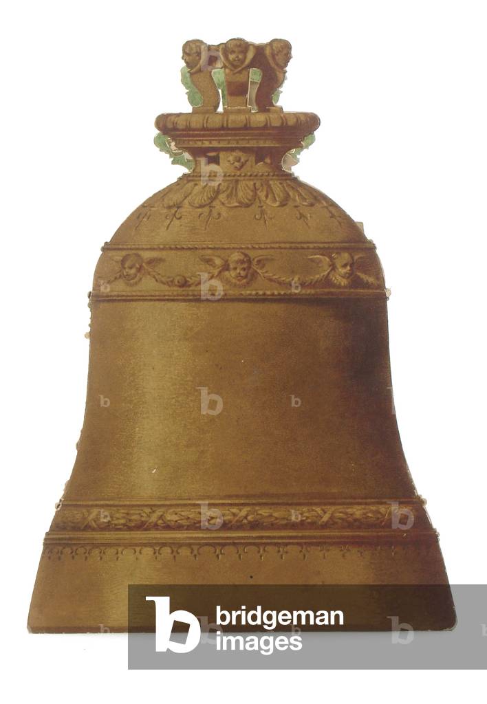 A Victiorian die cut pop up greeting card of a bell, c.1880 (colour litho)