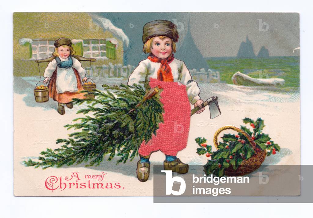 Edwardian Christmas postcard of a child holding a Christmas tree in the snow, c.1910 (colour litho)