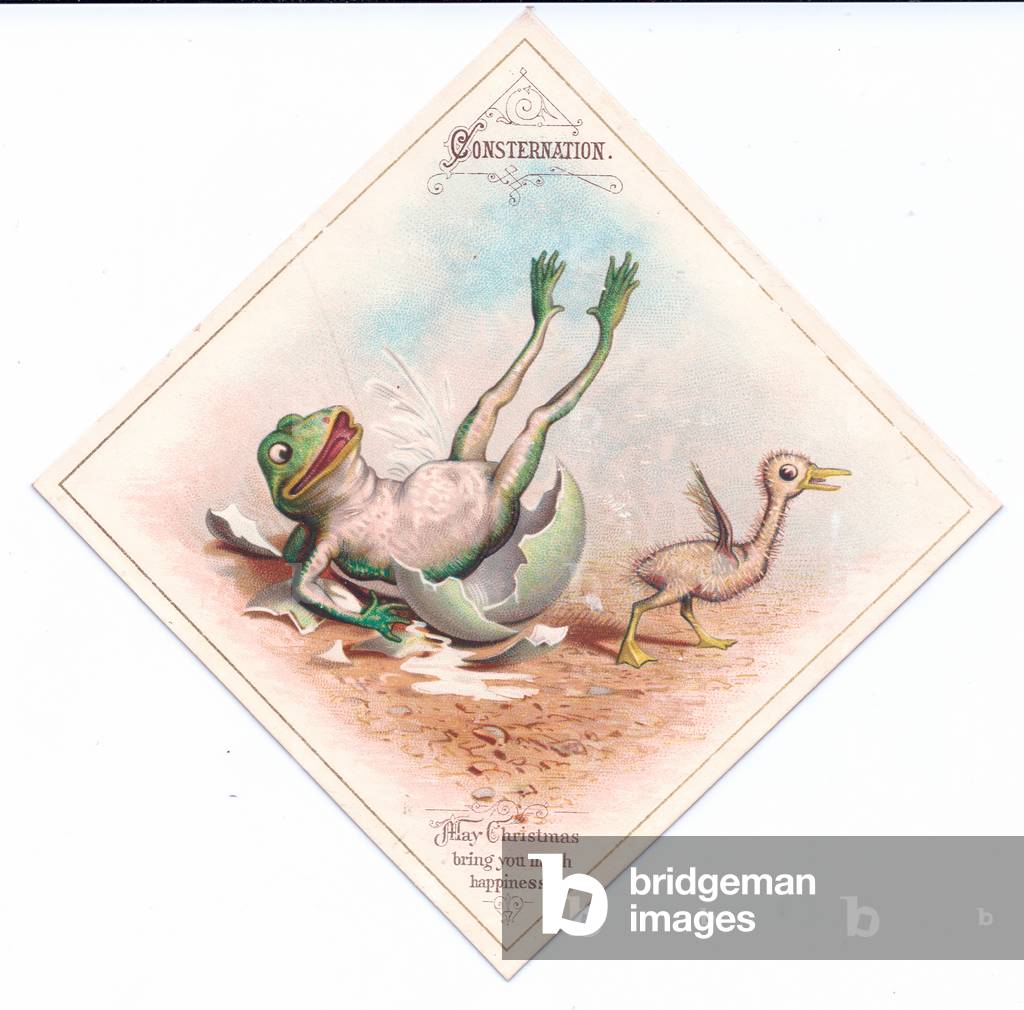 A Victorian Christmas card of a frog in a cracked egg while a newly hatched bird flees, c.1880 (colour litho)