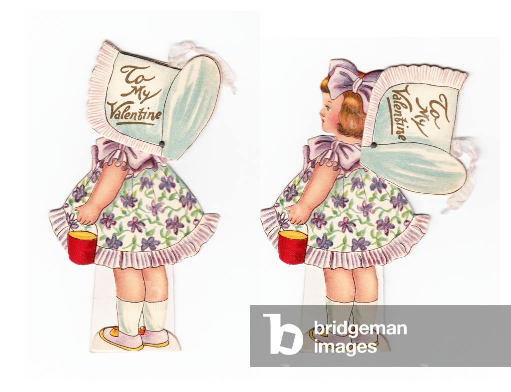 An Edwardian mechanical greeting card of a girl wearing a valentine bonnet revealing her face when the card is opened , c.1910 (color litho)