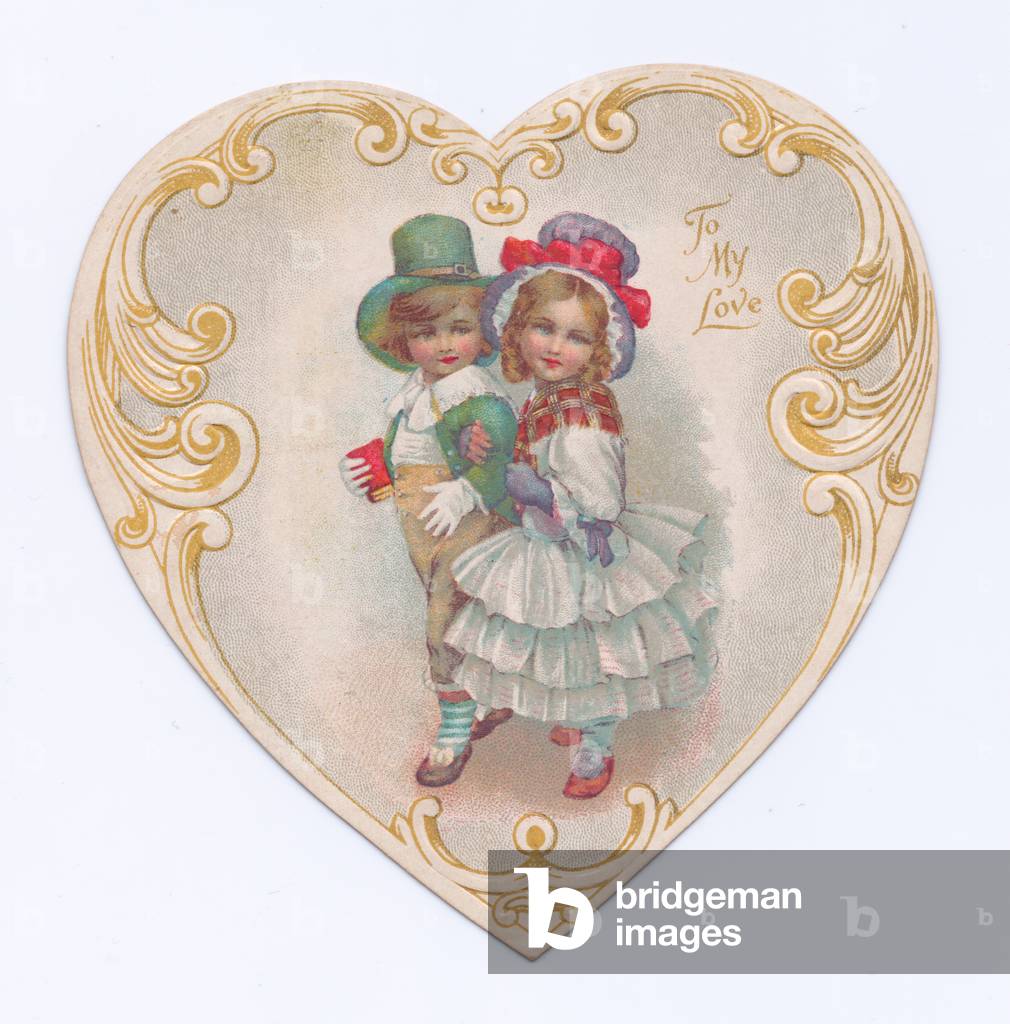 A Victorian die-cut shape Valentine card of a heart with a boy and a girl in Victorian clothes on it, c.1880 (colour litho)