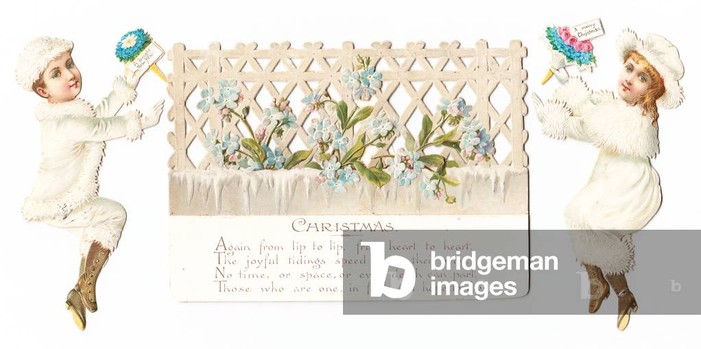 A Victorian die cut Christmas and New Year card of a boy and a girl in fur lined clothes and hats putting bouquets onto a lattice, c.1880 (colour litho)