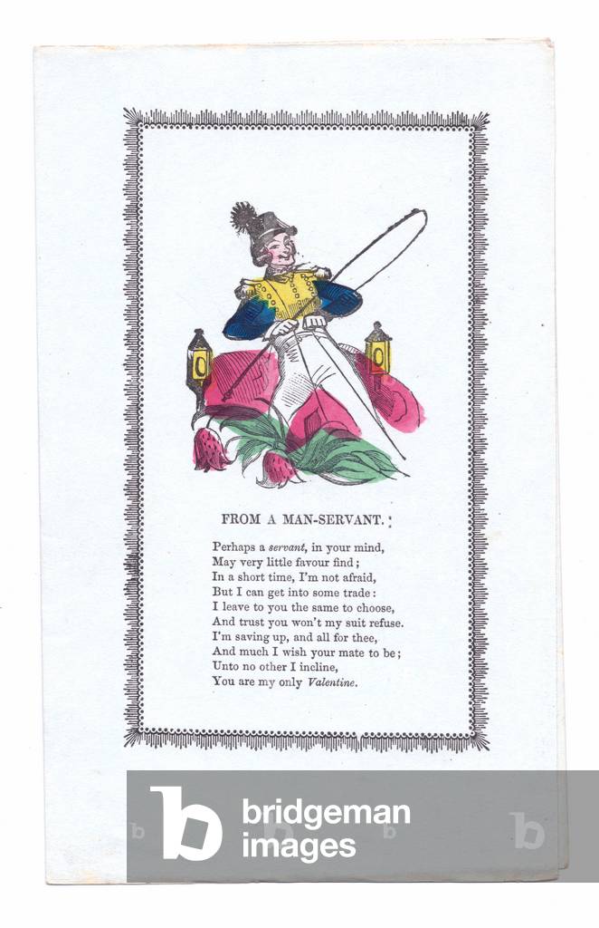 A Victorian hand coloured deckle edged Valentine card of a man dressed as a soldier with a humorous verse, c.1860 (colour litho)