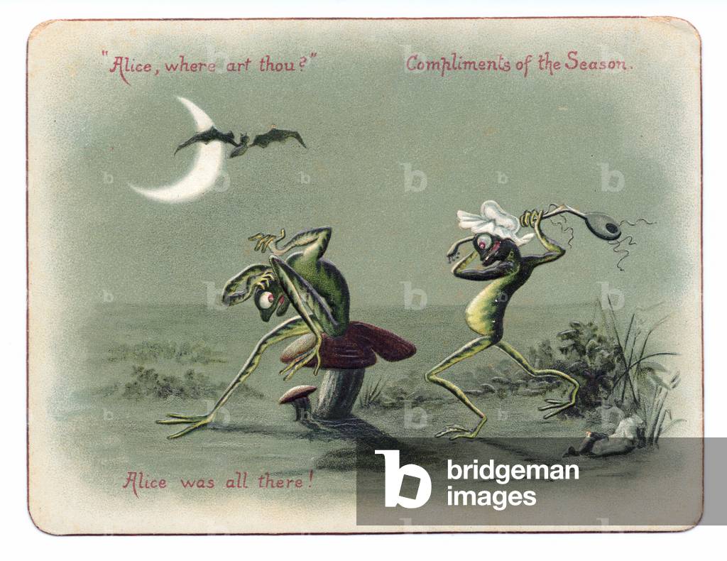 A Victorian greeting card of a female frog wearing a bonnet hitting a male frog with a broken banjo while a bat flies by, c.1880 (colour litho)