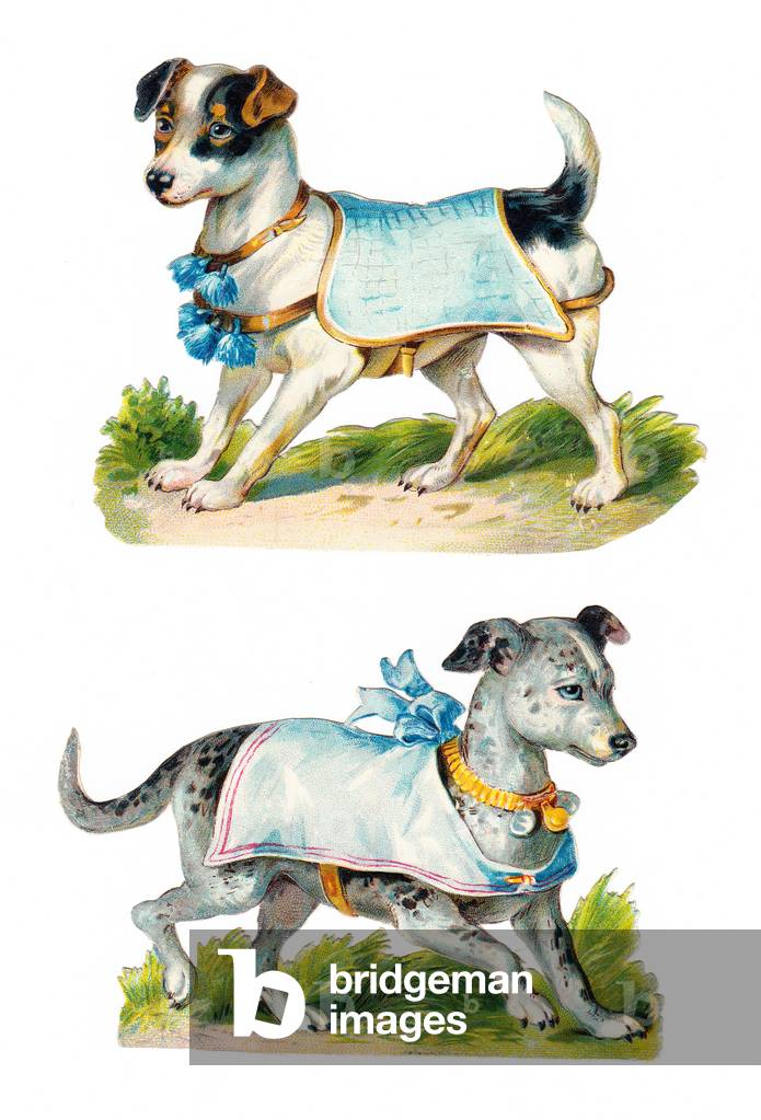 A Victorian Paper Scrap Relief of two dogs on a sheet, c.1880 (colour litho)