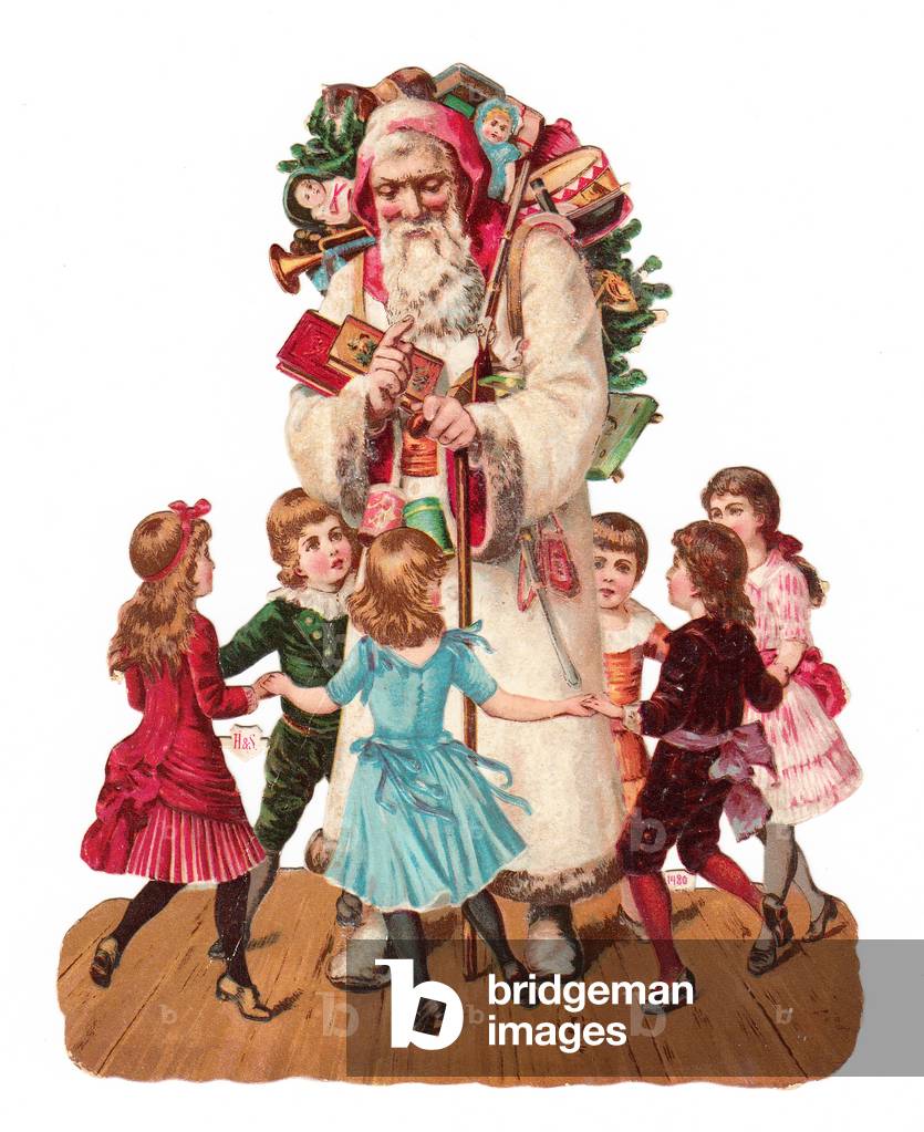 A Victorian Paper Scrap Relief of Father Christmas with toys on his back in the circle of children dancing around him, c.1880 (colour litho)