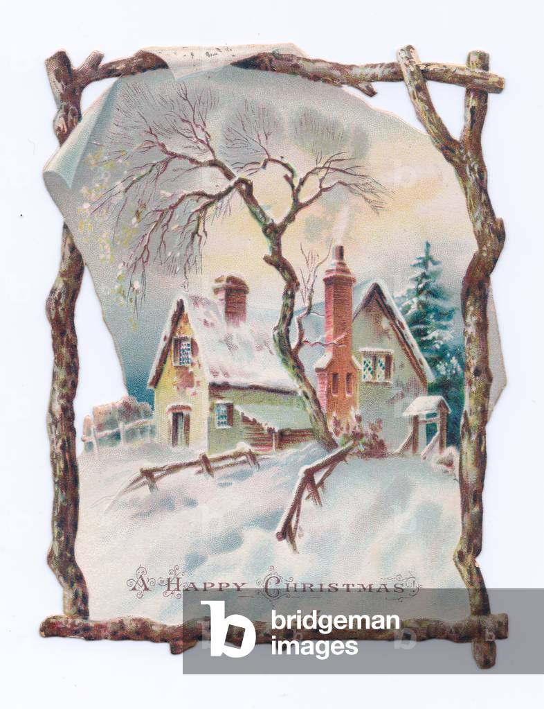 A Victorian die-cut shape Christmas card of a cottage in a snowy landscape, c.1880 (colour litho)