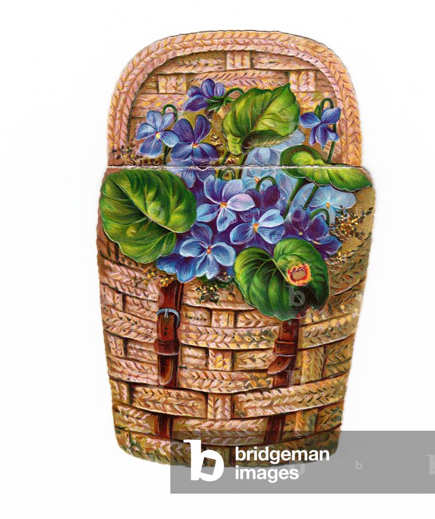 The inside of a Victorian die cut greeting card depicting flowers and leaves in a picnic basket, c 1880 (colour litho)