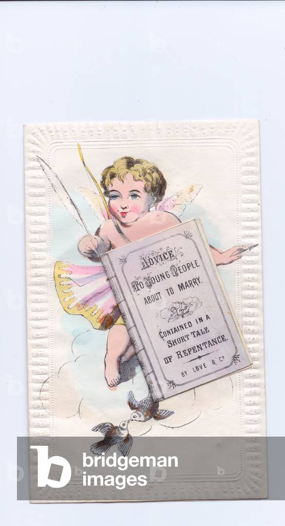 A Victorian hand coloured embossed and engraved Valentine card of cupid holding a quill with a book that opens and shuts , c.1860 (colour litho)
