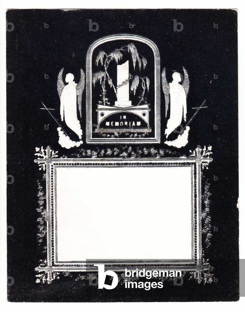 A Victorian memorium card of angels and weeping willow on a headstone, c.1880 (monochrome)