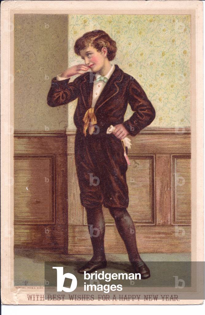 A Victorian New Year card of a boy dressed in knee length trousers and stockings holding a pair of gloves, c.1880 (colour litho)