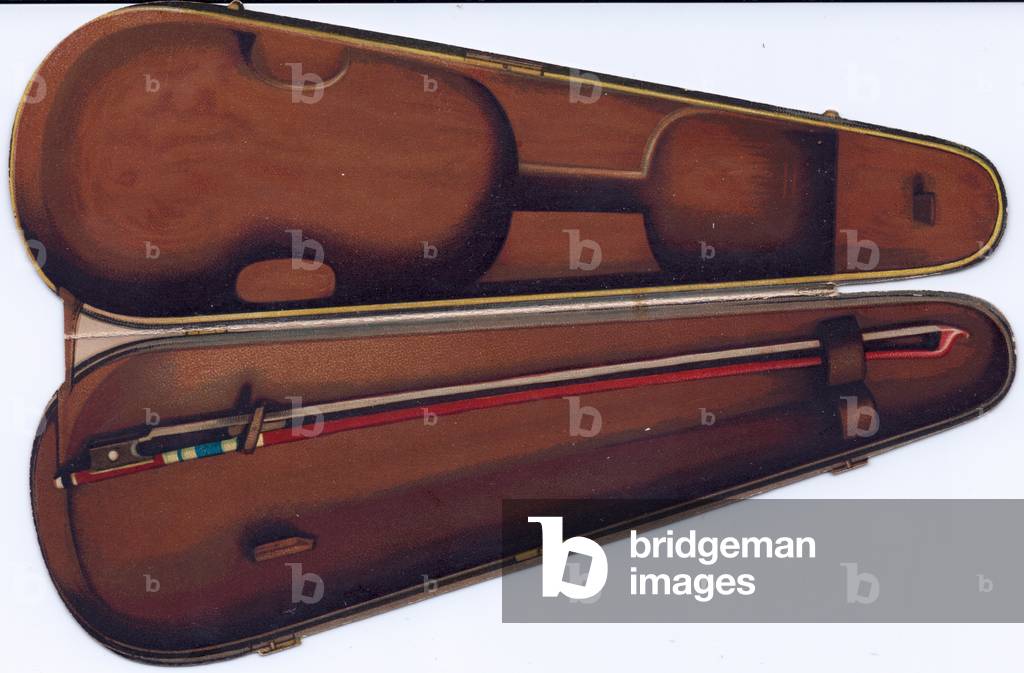 The inside of a Victorian die cut greeting card depicting a violin bow inside a violin case, c 1880 (colour litho)