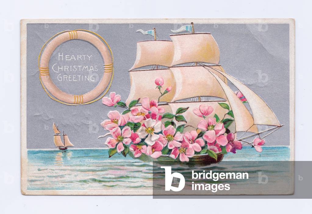 Edwardian Christmas postcard of a galleon filled with dog rose flowers, c.1910 (colour litho)