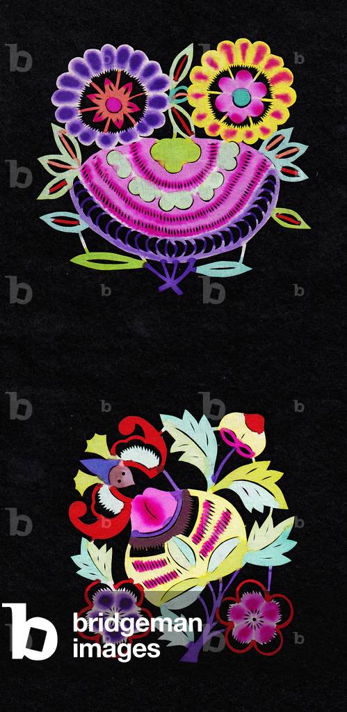 Chinese paper-cut of flower arrangements, c.1960 (hand-coloured and hand-cut)