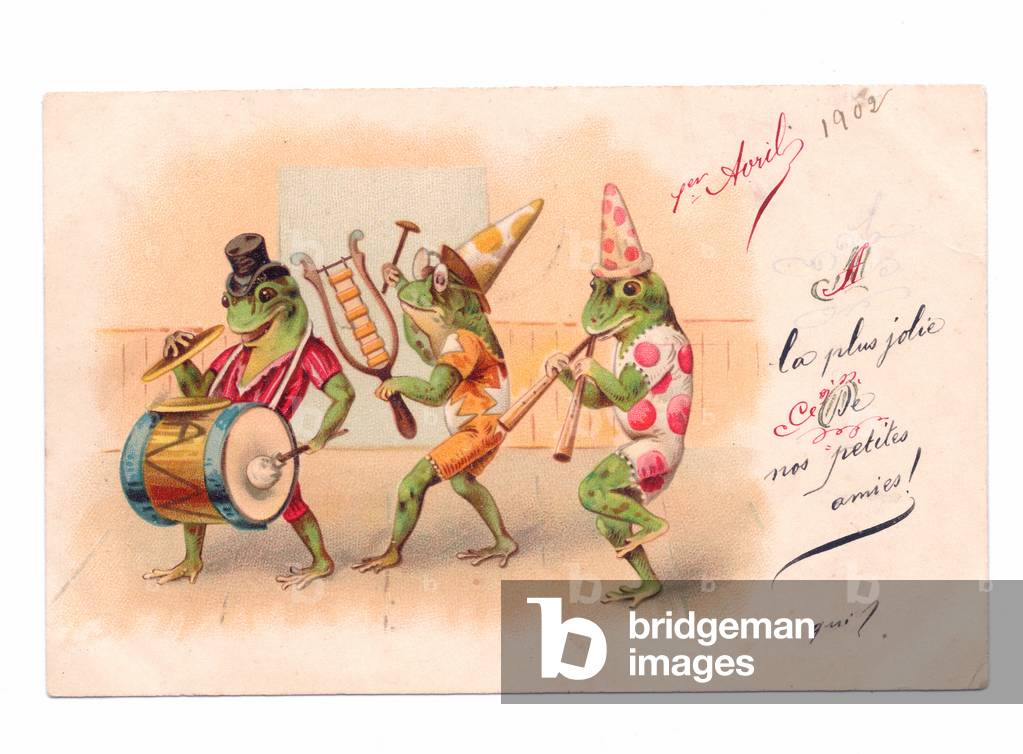 Edwardian postcard of three frogs wearing clown outfits playing musical instruments, c.1910 (colour litho)