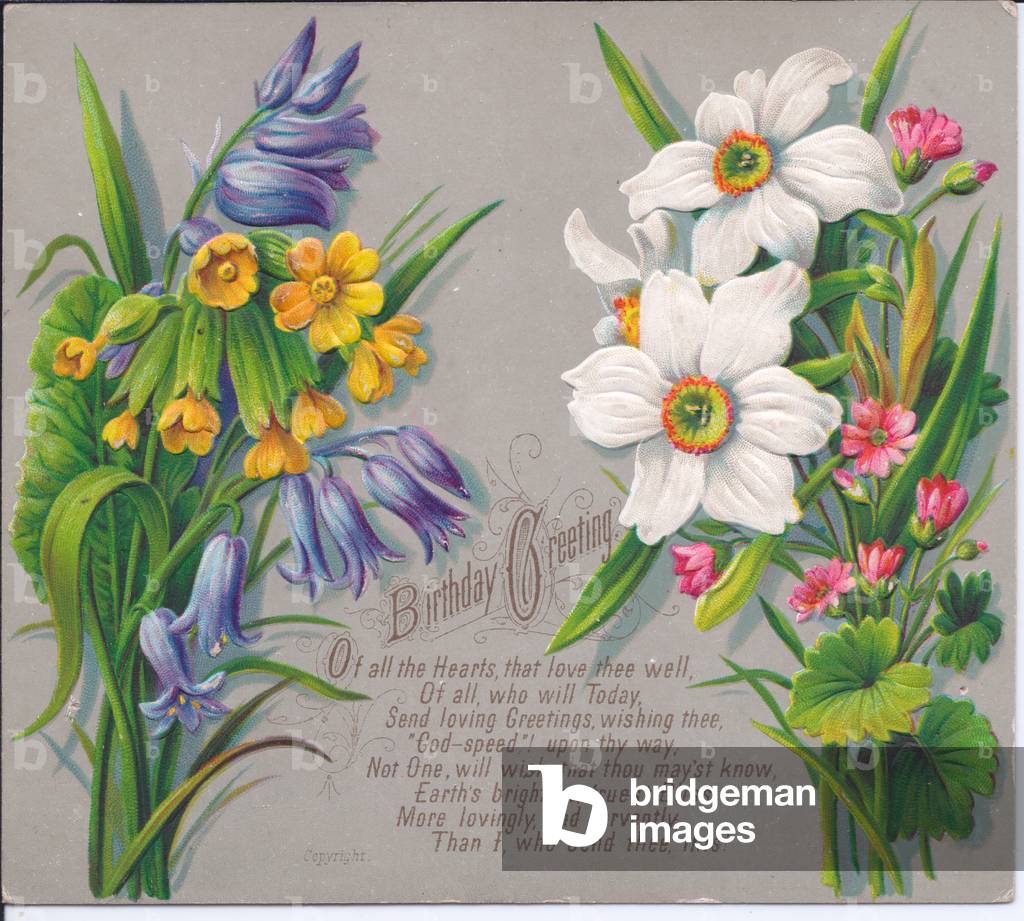 A Victorian Birthday Card with sprays of daffodils and bluebells, circa 1880 (coloured lithograph)