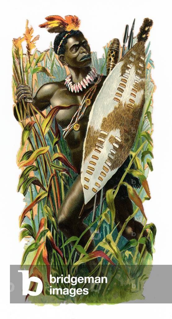 A Victorian Paper Scrap Relief of an African Zulu warrior, c.1880 (colour litho)