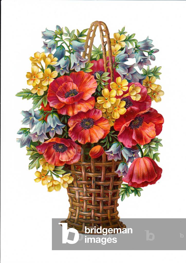 A Victorian Floral Paper Scrap Relief of poppies,bluebell and buttercup in a wicker basket, c.1880 (colour litho)
