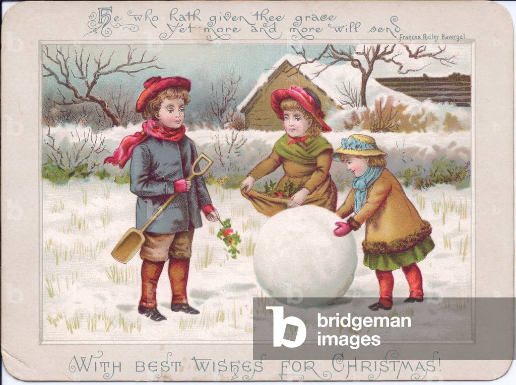 A Victorian Christmas card of three children playing with a large snowball, c.1880 (colour litho)