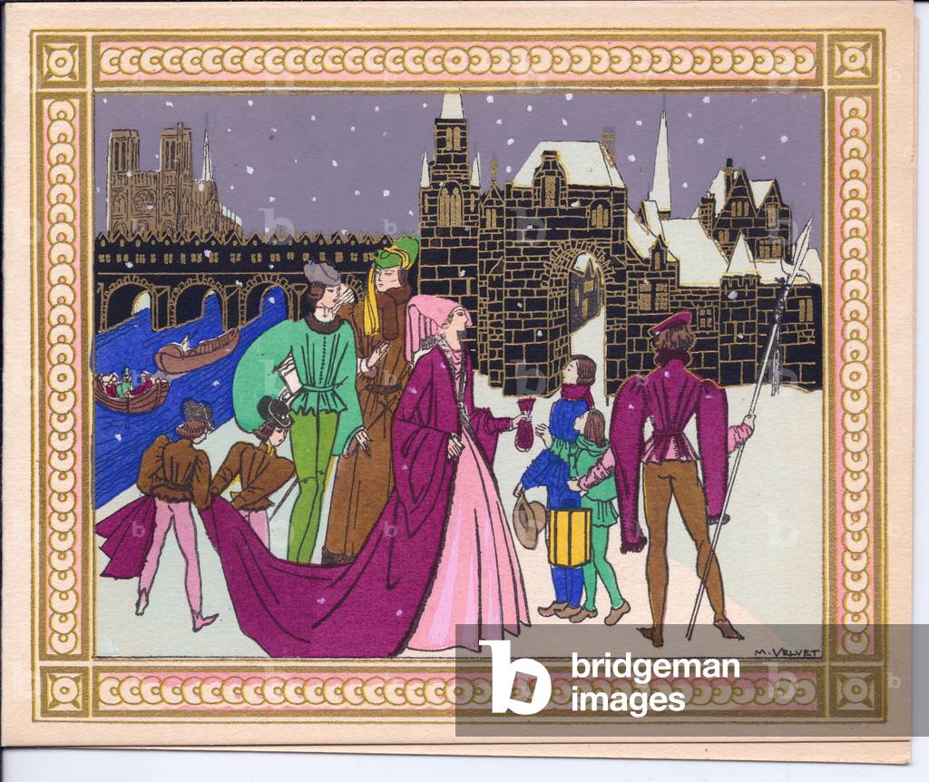 A hand-coloured French Pochoir Christmas card of a group of Tudor people by a river and bridge in the snow, circa 1920 (stencil)