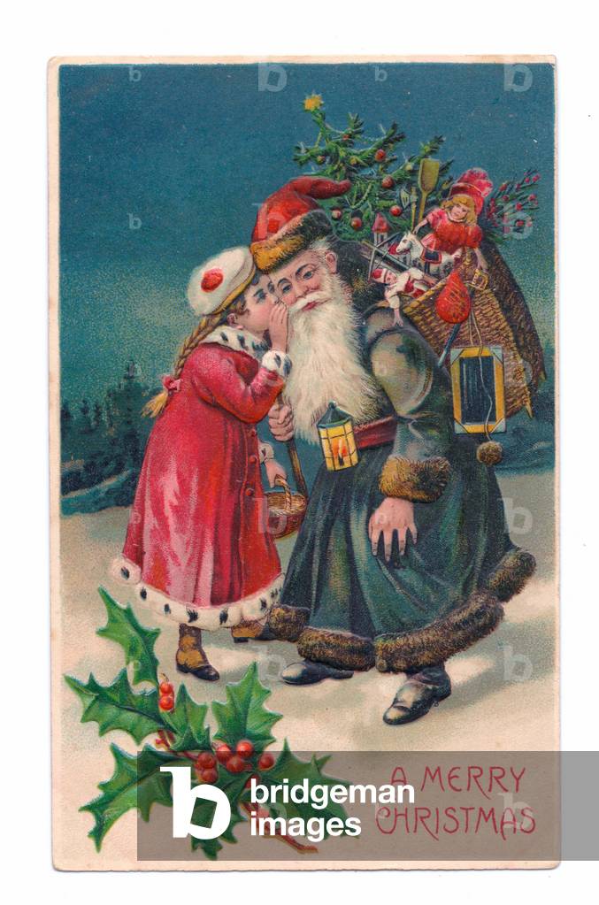 Edwardian Christmas postcard of a little girl whispering to Father Christmas who has a basket of toys on his back, c.1910 (colour litho)