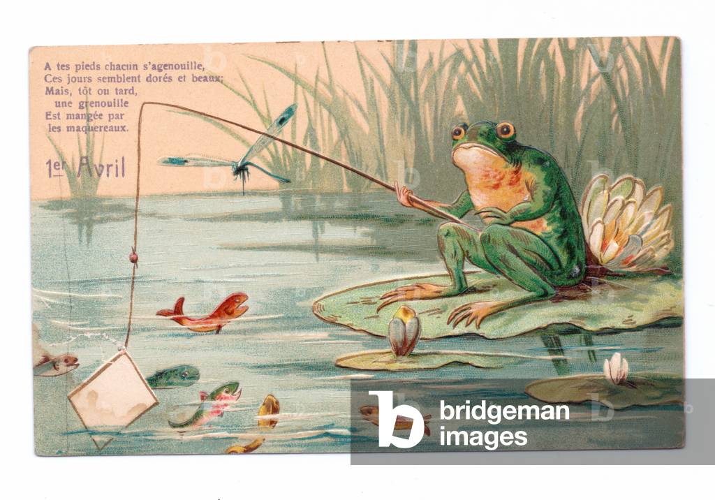 Edwardian postcard of a frog fishing at a pond, c.1910 (colour litho)