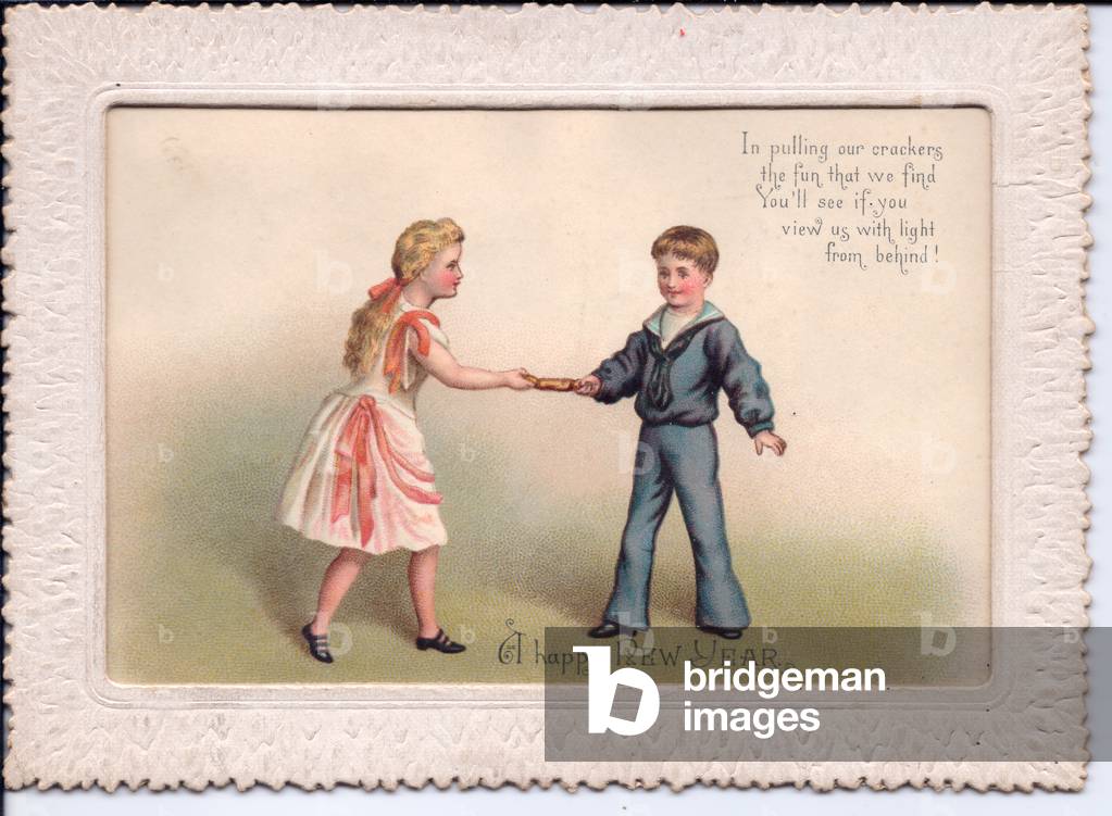 A Victorian hold-to-light New Year Card of a boy and girl pulling a Christmas cracker. When the card is held to a light source, three other children in party hats are revealed, circa 1880 (coloured lithograph)