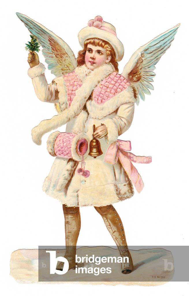 A Victorian Paper Scrap Relief of an angel in a fur trimmed cape and coat holding a bell, c.1880 (colour litho)