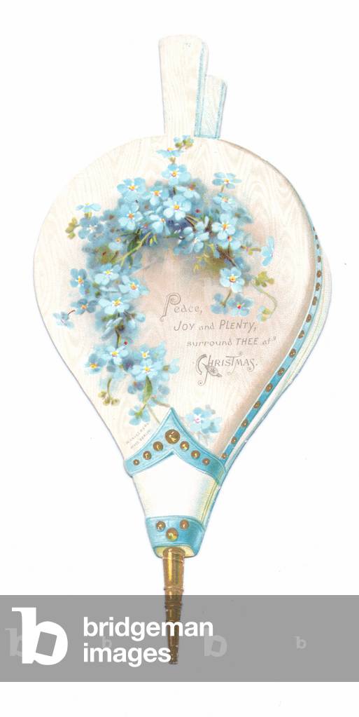 A Victorian die-cut shape Christmas card of a bellows decorated with forget-me-nots, c.1880 (colour litho)